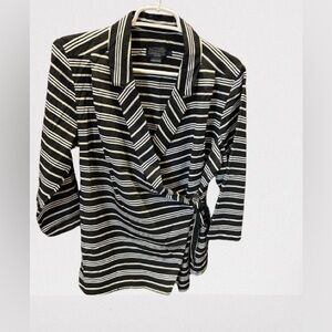 Pendleton Black & White Striped Silk & Cotton Blend Tie Wrap Blouse Top Size L